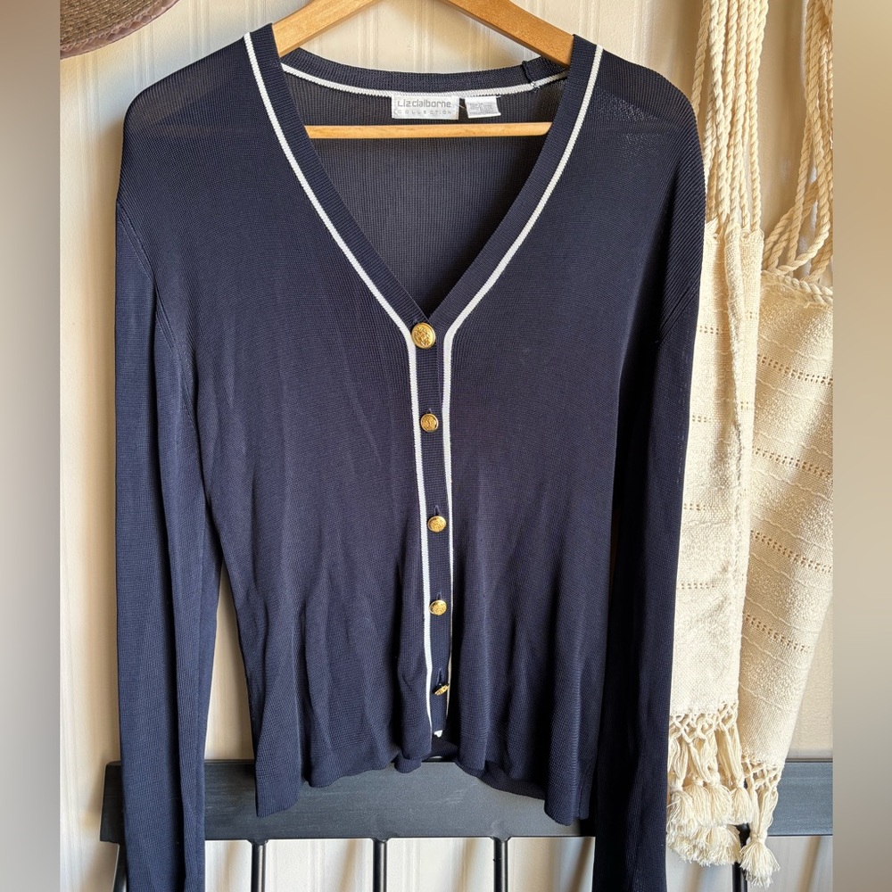 Liz Claiborne Navy Sheer Cardigan with Gold Buttons M